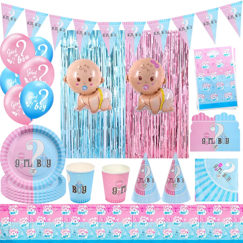 Color: PURPLE - Gender Reveal Party Decorations Disposable Tableware Plates Cups Napkins Tablecloth Boy Girl Balloon Fringe Curtain