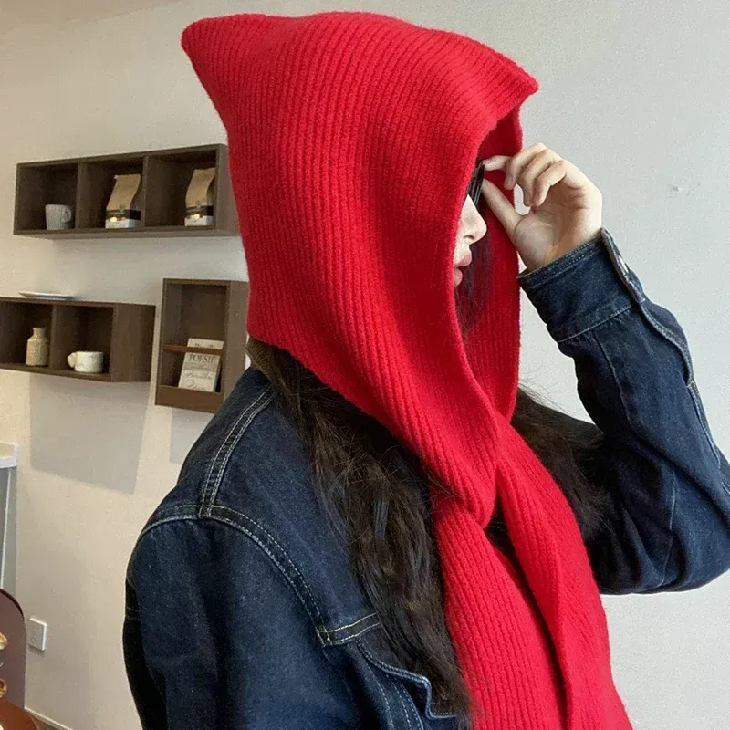 Color: WHITE, Size: One Size - Big Knitted Hat Beanies Cap for Men&Women Winter Warm Unisex Hooded Hat Neck Collar Scarf Cap Ski Cold Hat Balaclava Caps Bonnet