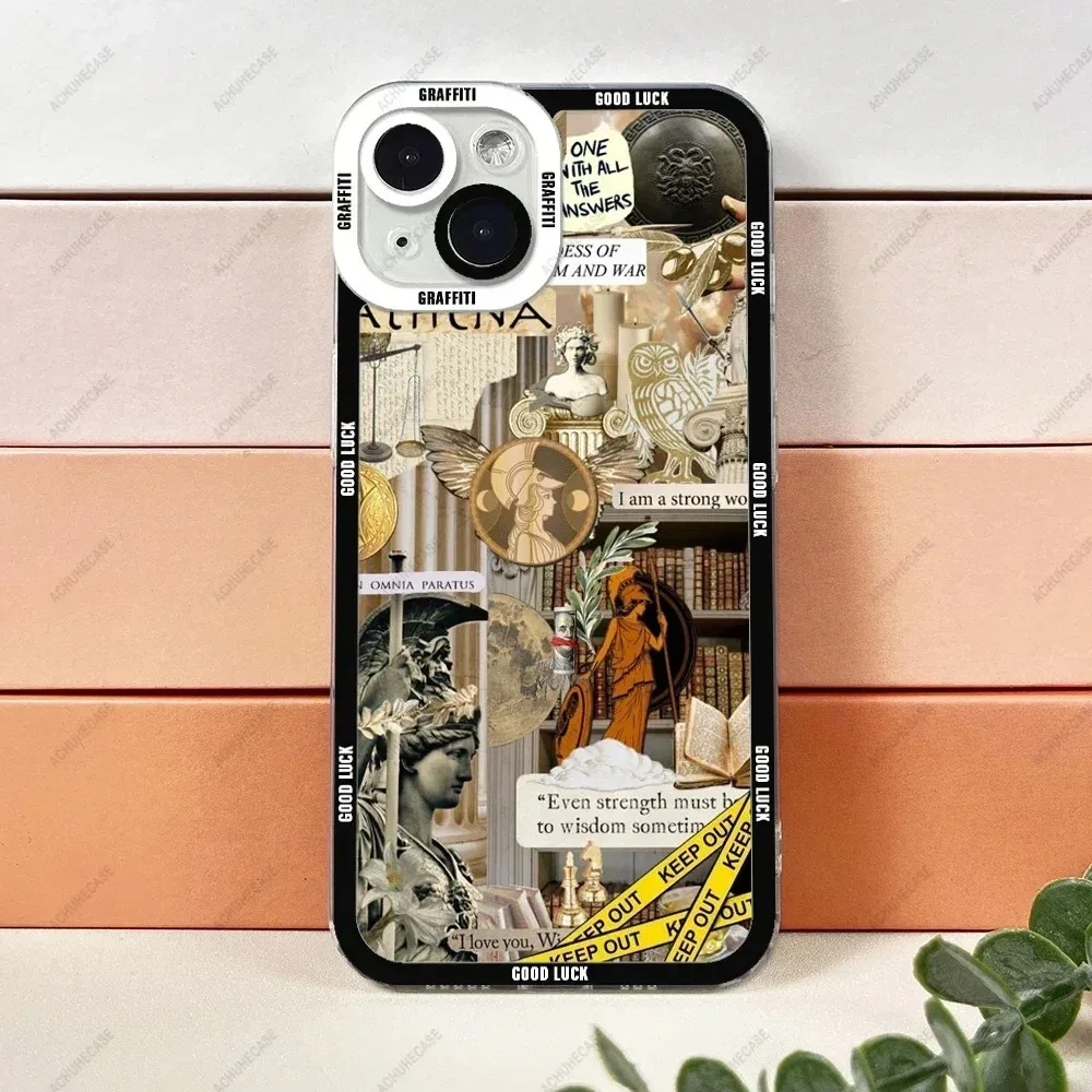 Color: SKY BLUE, Material: Leather - Aesthetic Statue Art Phone Case For iPhone 16 15 14 13 12 11 Pro Max XS X XR Plus Mini Luxury Transparent Soft Funda