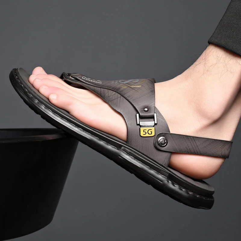 Color: Dark Khaki, Shoe Size: 44 - Outdoor Summer Men's Sandals Summer  Office  Shoes Non-Slip Mens Casual Sandalis Black