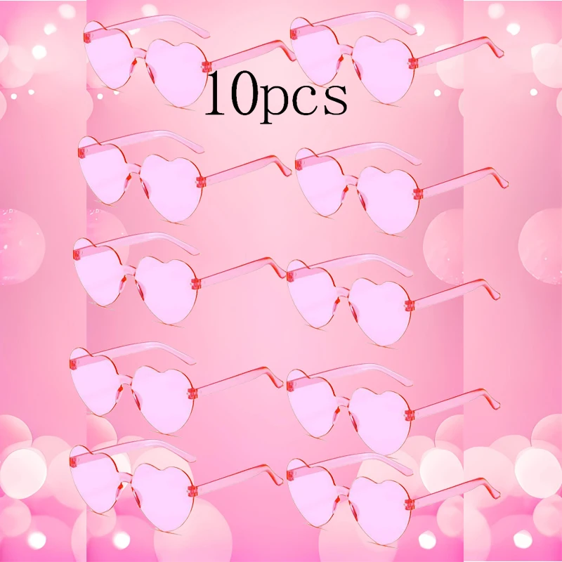 Lenses Color: Pink - 10PC Heart Sunglasses Love Sunglasses Jelly Color Frameless Heart-shaped One-piece Glasses Dazzling Color Glasses