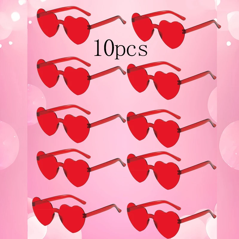 Lenses Color: Pink - 10PC Heart Sunglasses Love Sunglasses Jelly Color Frameless Heart-shaped One-piece Glasses Dazzling Color Glasses