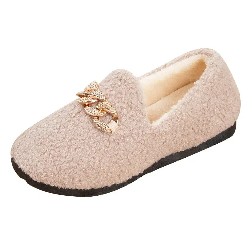 Color: Khaki, Shoe Size: 40 - Womens Slippers Warm Short Plush Lining House Shoes Moccassins Slip on Fashion Lady Flats Loafers Non Slip 2023