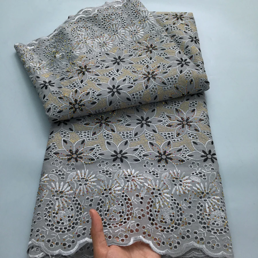 Color: Yellow, length: 5 yards, Width: 120cm - Black Swiss Lace Fabric High Quality 2025 Embroidered Rhinestones Nigerian Cotton Lace Fabric African Dress for Women Sew A4212