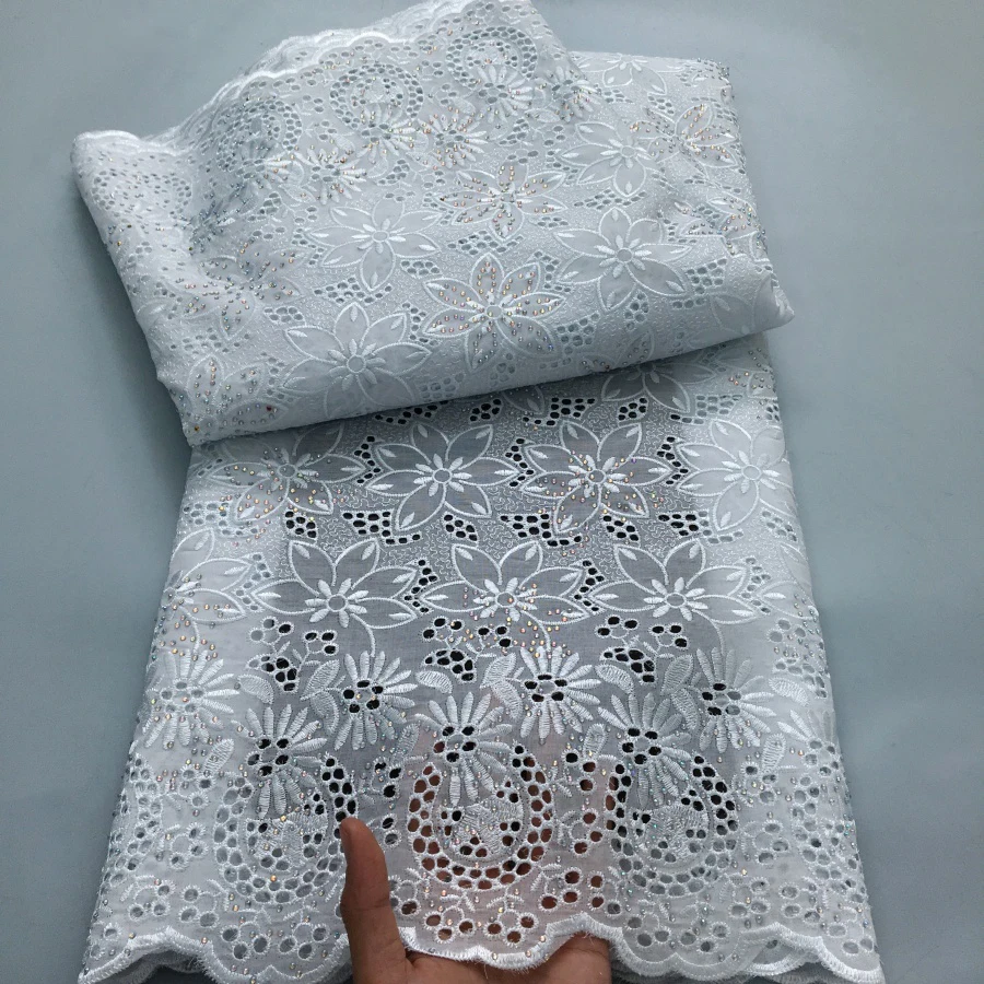 Color: Yellow, length: 5 yards, Width: 120cm - Black Swiss Lace Fabric High Quality 2025 Embroidered Rhinestones Nigerian Cotton Lace Fabric African Dress for Women Sew A4212