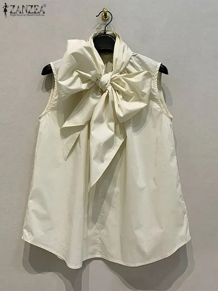 Color: black, Size: XXXL - ZANZEA Women Fashion Bow Tie Neck Tank Tops 2024 Summer Casual Solid Sleeveless Blusas Mujer Elegant Korean Style Shirts Blouses