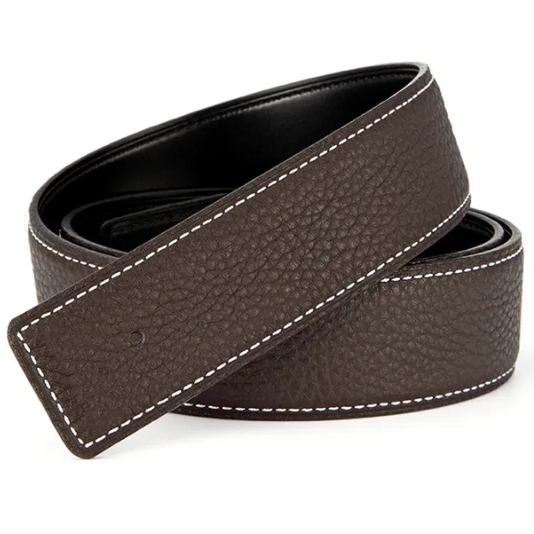 Color: light green, Belt Length: 120cm - 3.1cm No Buckle Belt Brand Belt Men High Quality Male Genuine Real Leather Strap forJeans Litchi grain Belt Cinturones Hombre