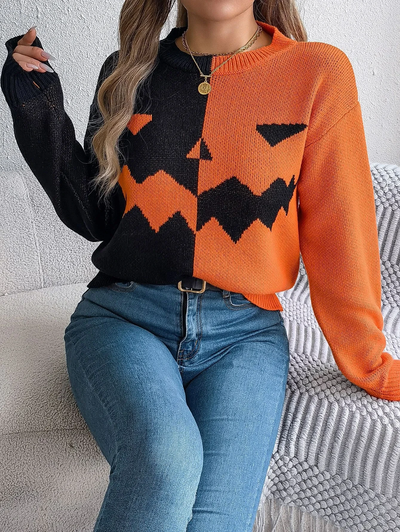 Halloween Contrast-color Pullover Sweater  For Women's Clothing