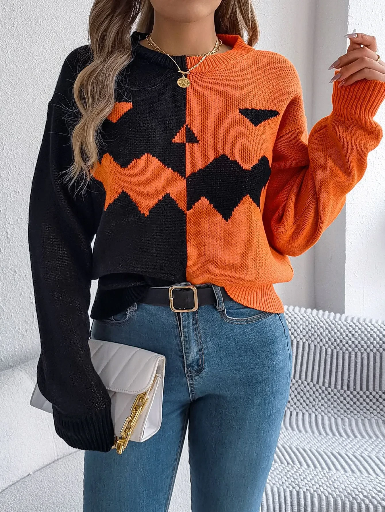 Halloween Contrast-color Pullover Sweater  For Women's Clothing