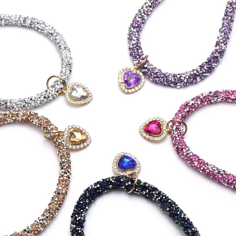Color: Lavender, Size: S - Luxury Cat Collar with Heart Crystal Pendant Puppy Chihuahua Necklace Reflective Rhinestone Kitten Neck Strap Pets Accessories