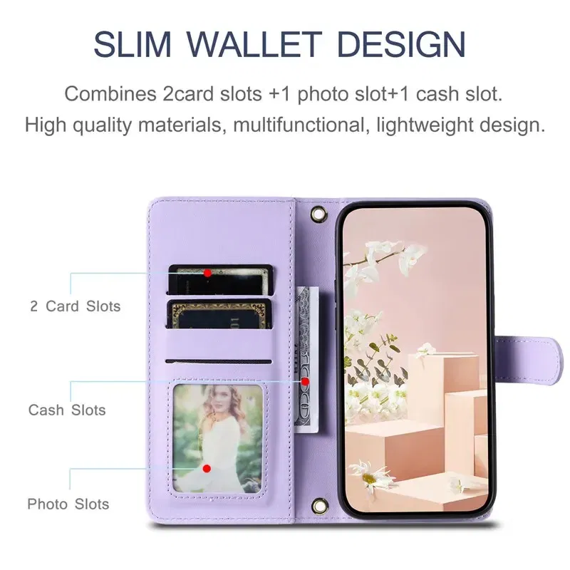 Material: Cotton Fabric, Color: PURPLE - Long lanyard Flip Leather Phone Case for Samsung Galaxy S24 Ultra S23 FE S22 S21 S20 S10 Plus Wallet Card Cover Coque