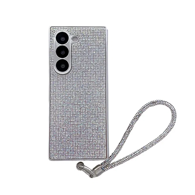 Color: SKY BLUE, Material: Denim - Luxury Flash Diamond Sparkling phone case for Samsung Galaxy Z Fold 6 5 zfold 4 Electroplated bracelet shockproof cover