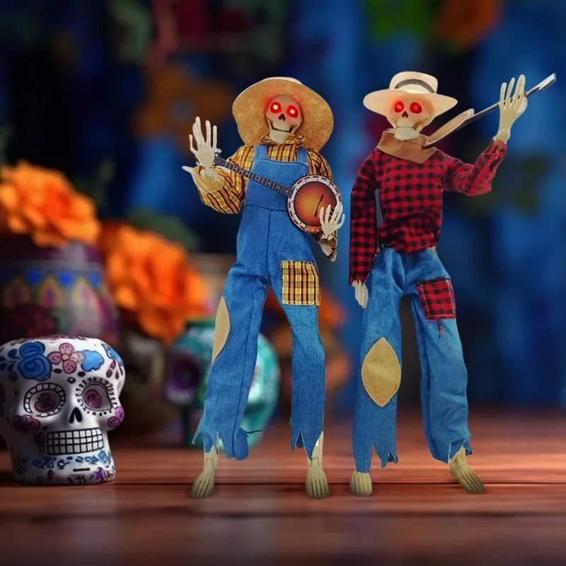 Halloween Luminous Skull Skeleton Decoration Guitarist Skeletons With Light Up Eye Horror Glowing Skeleton For Halloween Party Decor