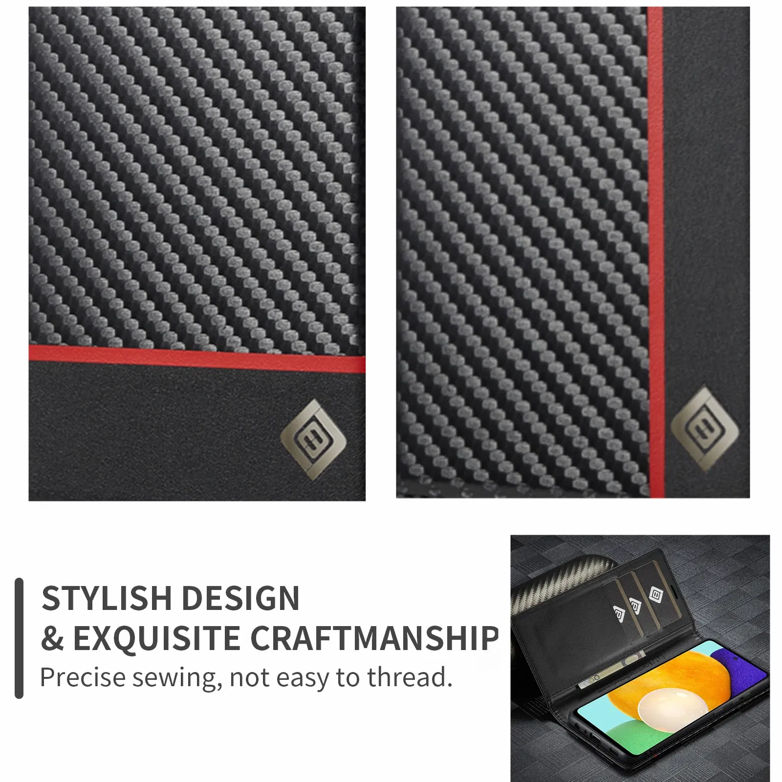 Color: Blue, Material: Carbon Fiber - Carbon Fiber Leather Case for Samsung A14 A24 A34 A54 5G A13 A23 A33 A53 Galaxy A52 A72 A32 A12 A04S A02S Wallet Card Slot Cover
