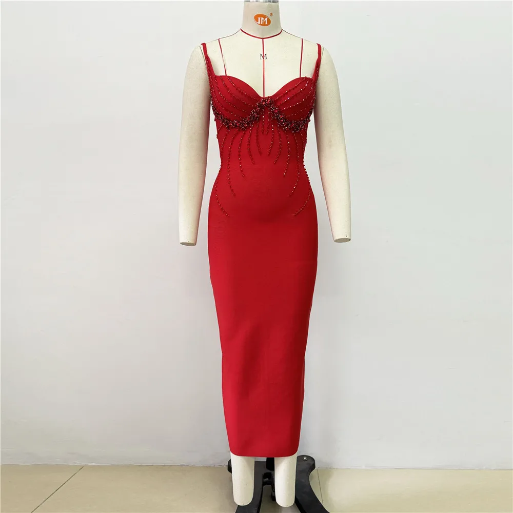 Color: black, Size: S - Women Sexy Beading Spaghetti Strap Bandage Dress Bodycon Clothes Club Party Celebrity Elegant Dresses