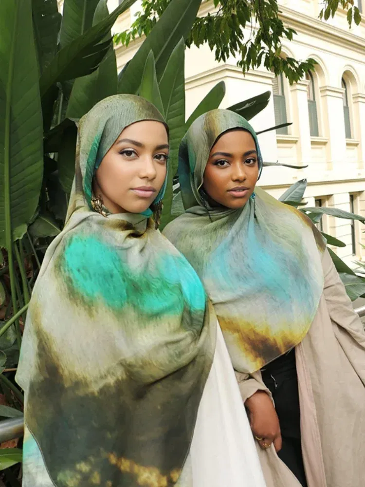 Color: lce grey - 1Pcs Ramadan Hijab Leopard Print Women Bohemian Watercolor Soft Muslim Hijabs Floral Breathable Shawl Wrap Scarf Headscarf Warm