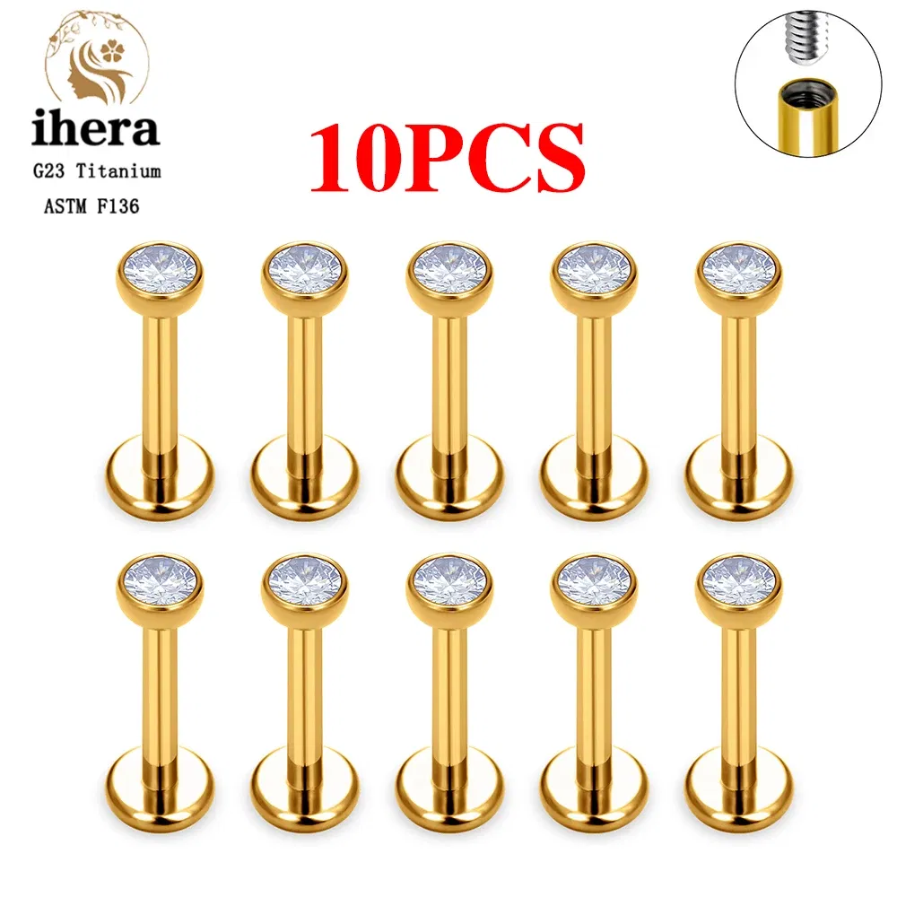 Metal color: SILVER PLATED, Ships From: CHINA, Main Stone Color: Gold - 10PCS G23 Titanium Labret Piercing Lip Ring 16G F136 Internal Thread Nose Stud Earring Tragus Helix Cartilage Piercing Jewelry