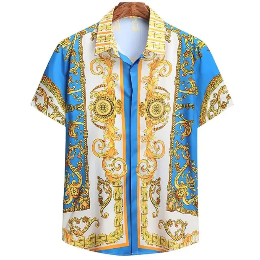 Color: Gold, Size: XL - Summer Fashion Men's Short Sleeve Casual Shirts Luxury Style Gold Printed Tops Everyday Casual Wear Men's Shirts Oversized Tops