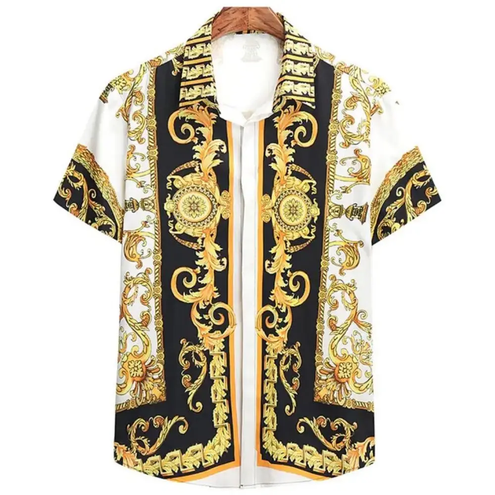 Color: Gold, Size: XL - Summer Fashion Men's Short Sleeve Casual Shirts Luxury Style Gold Printed Tops Everyday Casual Wear Men's Shirts Oversized Tops