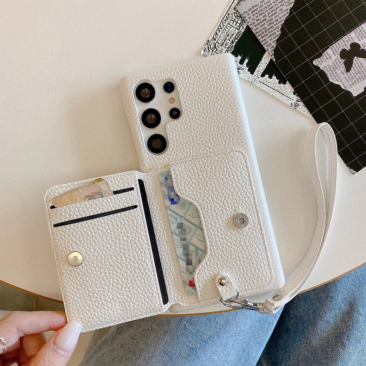 Color: black, Material: PE - Luxury Lanyard Wallet Case For Samsung Galaxy S21 FE S22 S23 Plus Note 20 Ultra A52 A53 A54 5G Lichee Pattern Leather Cover