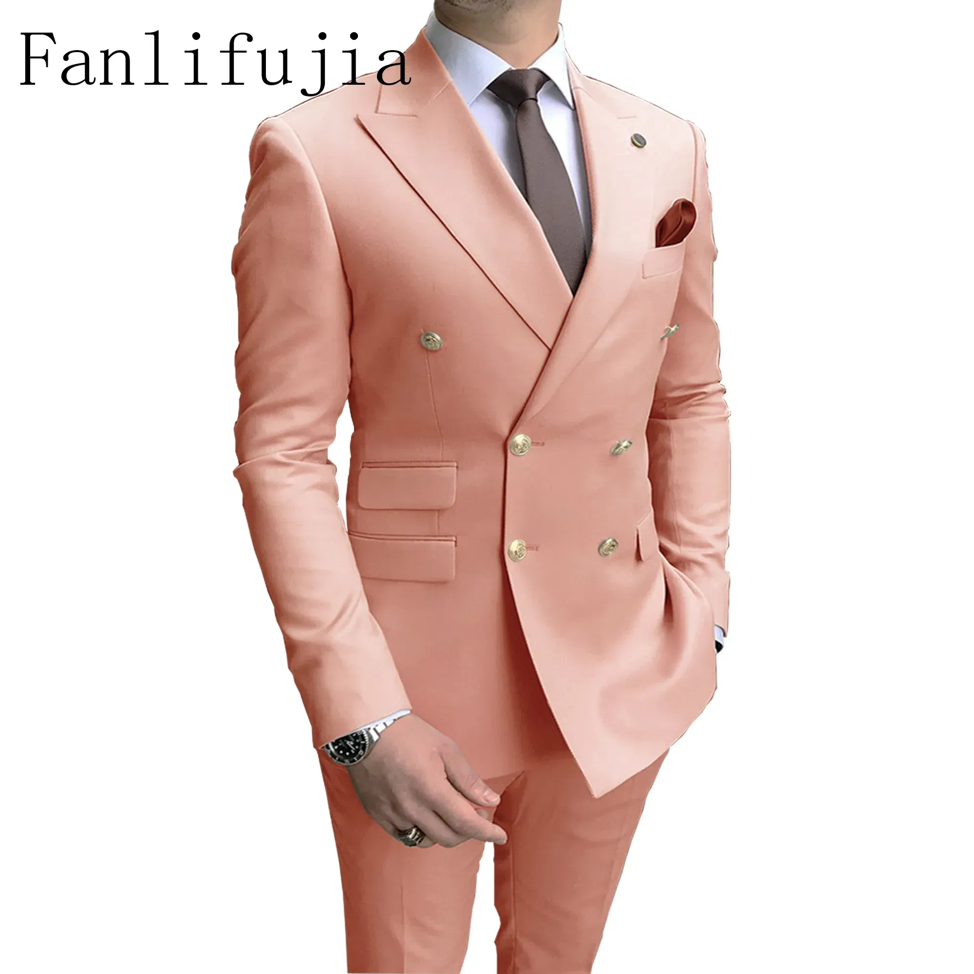 Color: Khaki, Size: S - Fanlifujia Store 2024 Casual Sky Blue Men Suits Double Brested Peak Lapel Gold Button Groom Wedding Tuxedos Best Costume Homme