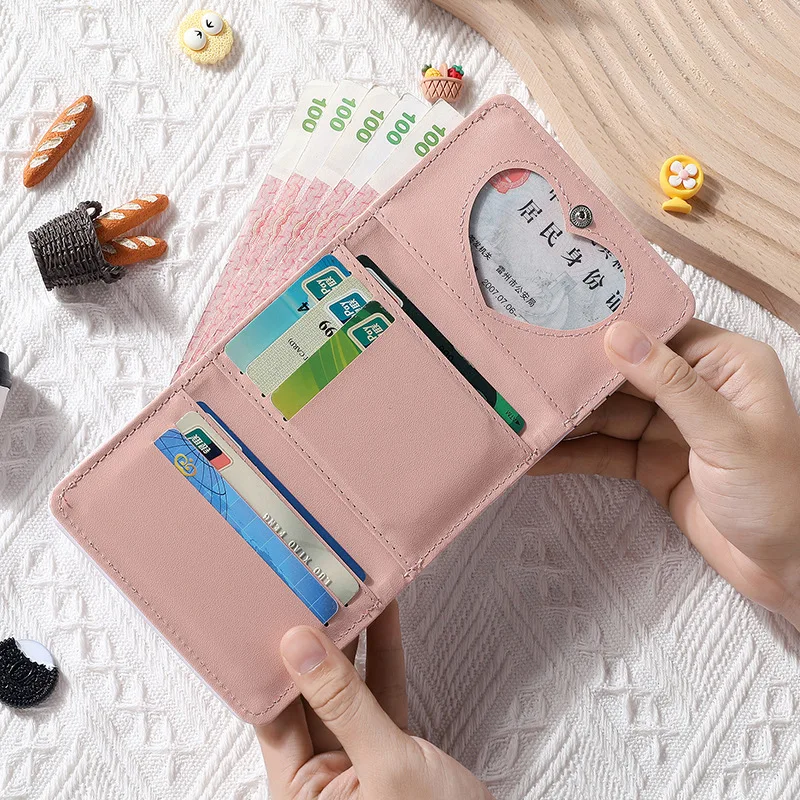 Color: Beige - PU Leather Cute Women Wallet Coin Purse Simple 3 Folds Multi-card Slots Card Holder Cute Cat Dog Short Wallets for Girls