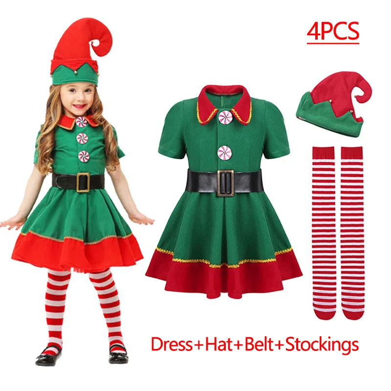 Color: MULTI, Kid Size: 13 - New Year Kids Santa Claus Costume Green Elf Cosplay Christmas Carnival Party Fancy Dress for Girls Boys Red Xmas Clothes Set