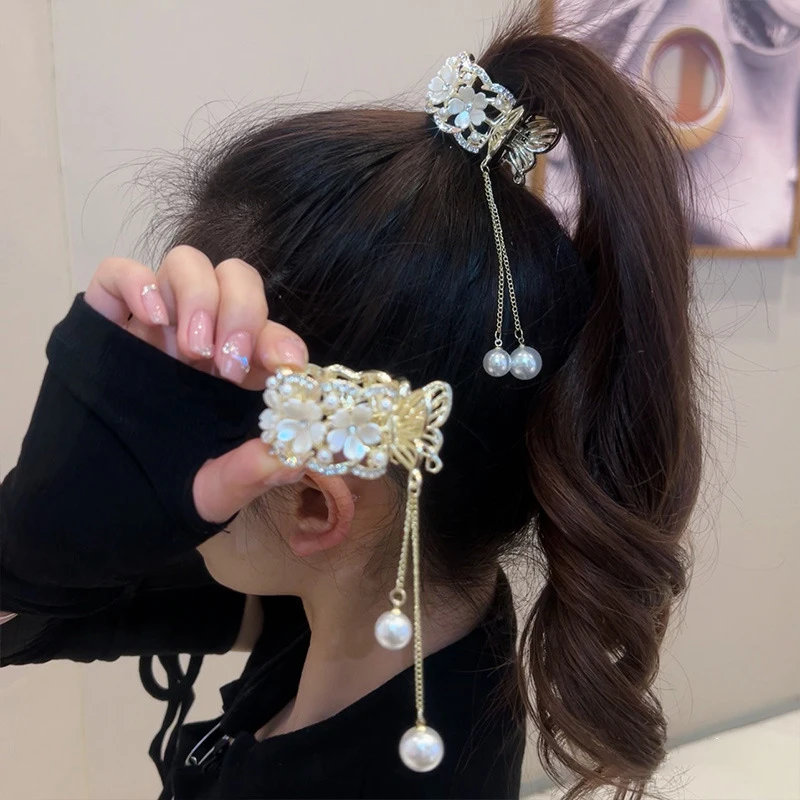 Color: black - Fashion Rhinestone Tassel Pearl Hair Claws Flowers Hair Clip Women Barrettes Ponytail Holder Hairpins Hair Accessories Gifts
