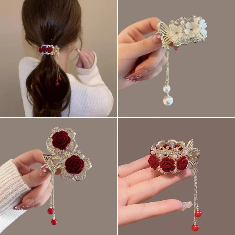 Color: black - Fashion Rhinestone Tassel Pearl Hair Claws Flowers Hair Clip Women Barrettes Ponytail Holder Hairpins Hair Accessories Gifts