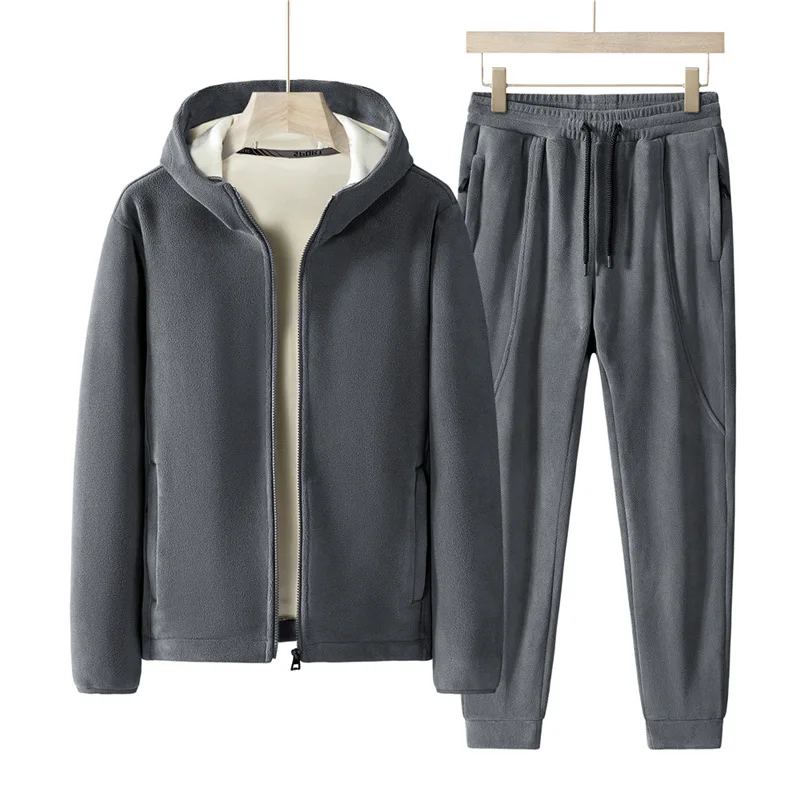 Color: black, Size: L - Plus Size 7xl 8xl Men's 2pcs Tracksuit Sets Winter Warm Polar Fleece Liner Jacket+pants Set Men Casual Thick Sportswear Clothes