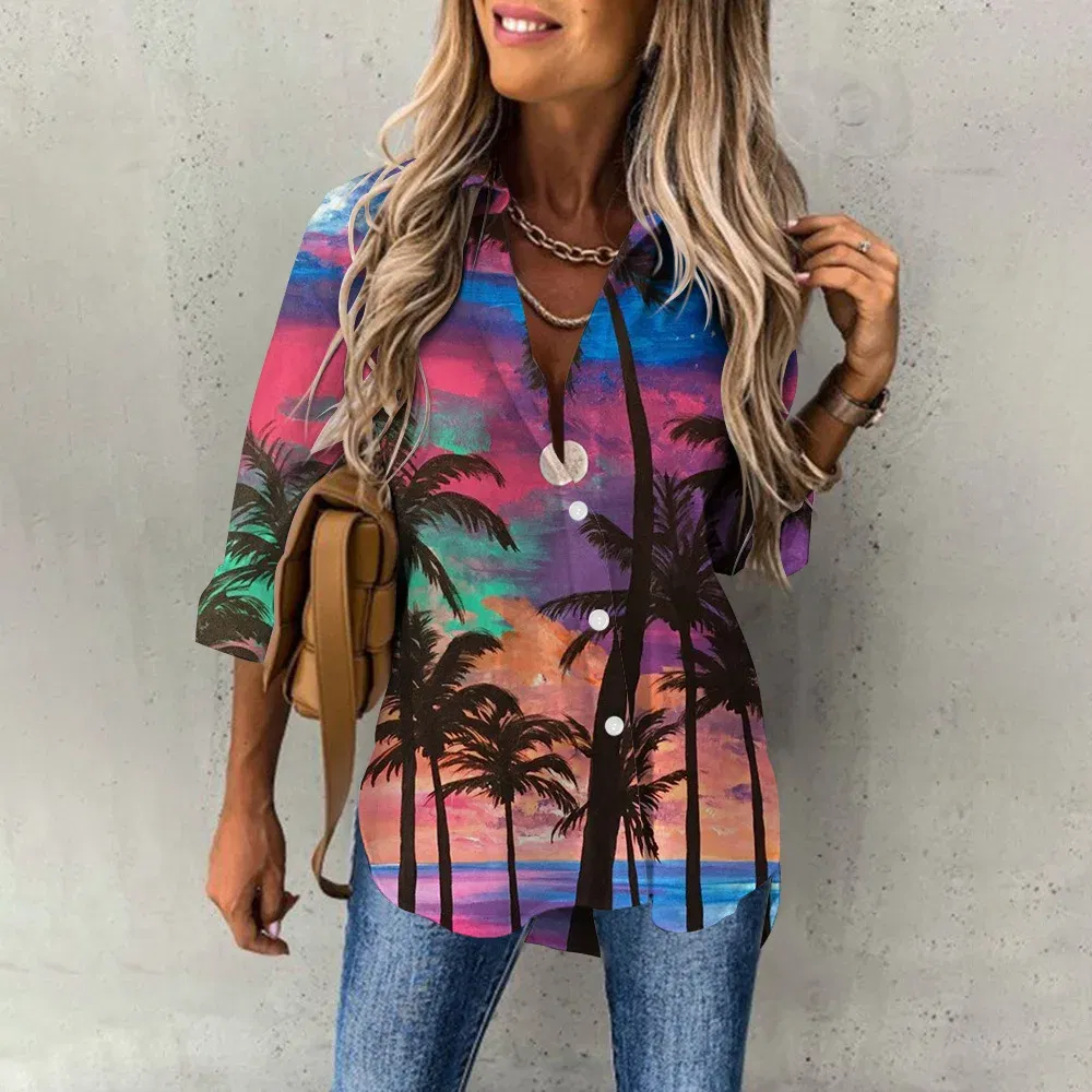 Color: GRAY, Size: XXL - Ladies Long Sleeved Shirt Vacation Style Coconut Tree 3D Digital Printed Button Up Collar Loose Casual Ladies Blouse 2024 Autumn