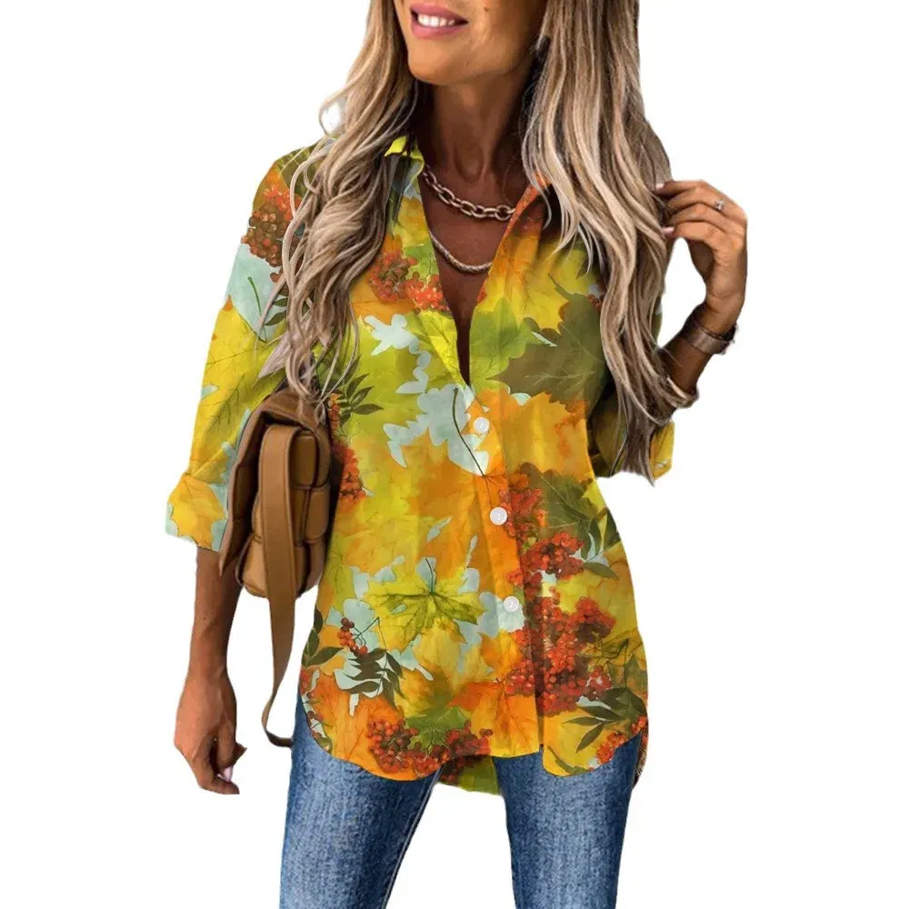 Color: GRAY, Size: XXL - Ladies Long Sleeved Shirt Vacation Style Coconut Tree 3D Digital Printed Button Up Collar Loose Casual Ladies Blouse 2024 Autumn