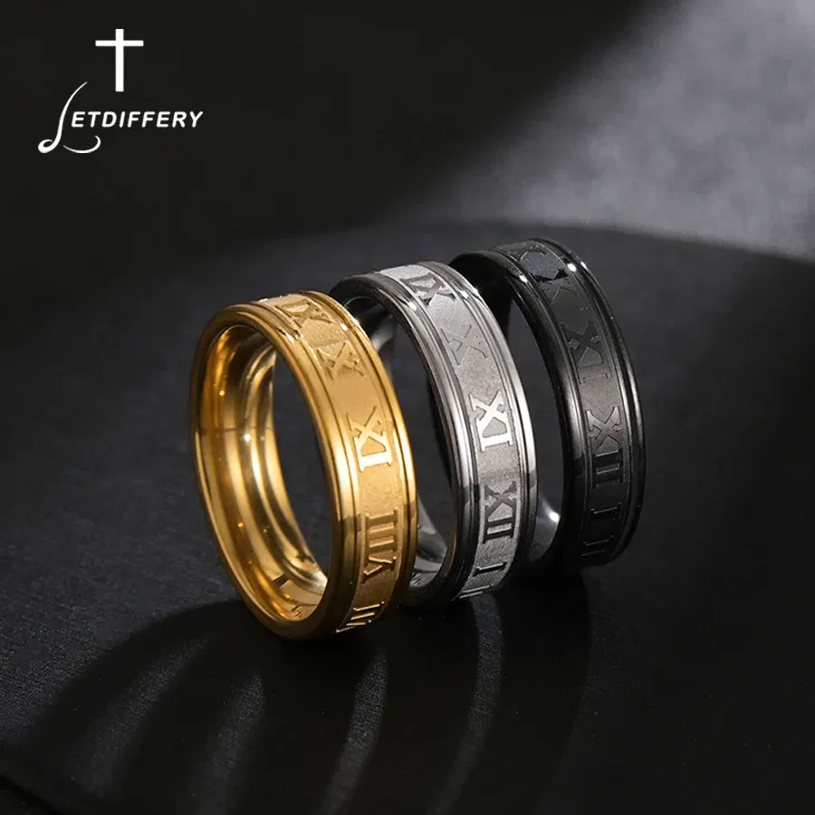 Main Stone Color: WHITE, Ring Size: 9.5 - Letdiffery 6mm Punk Roman Numerals Rings High Quality Stainless Steel Women Men Jewelry For Wholesale Dropshipping