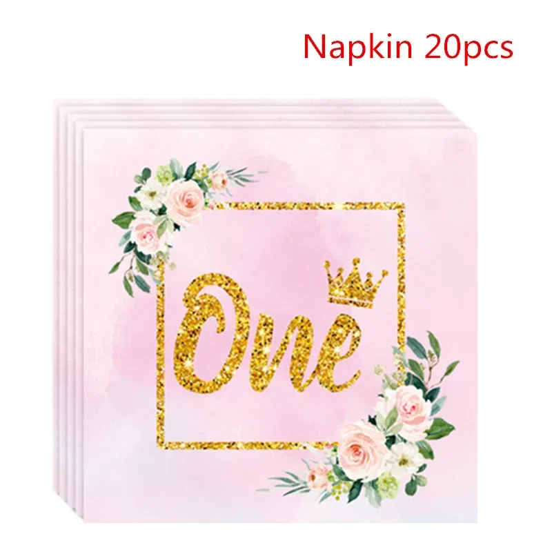 Color: Chocolate - Girls One First Happy Birthday Disposable Tableware  Pink Plate Napkins Cup Hat for Baby Shower 1 Year Old Birthday Party Deco