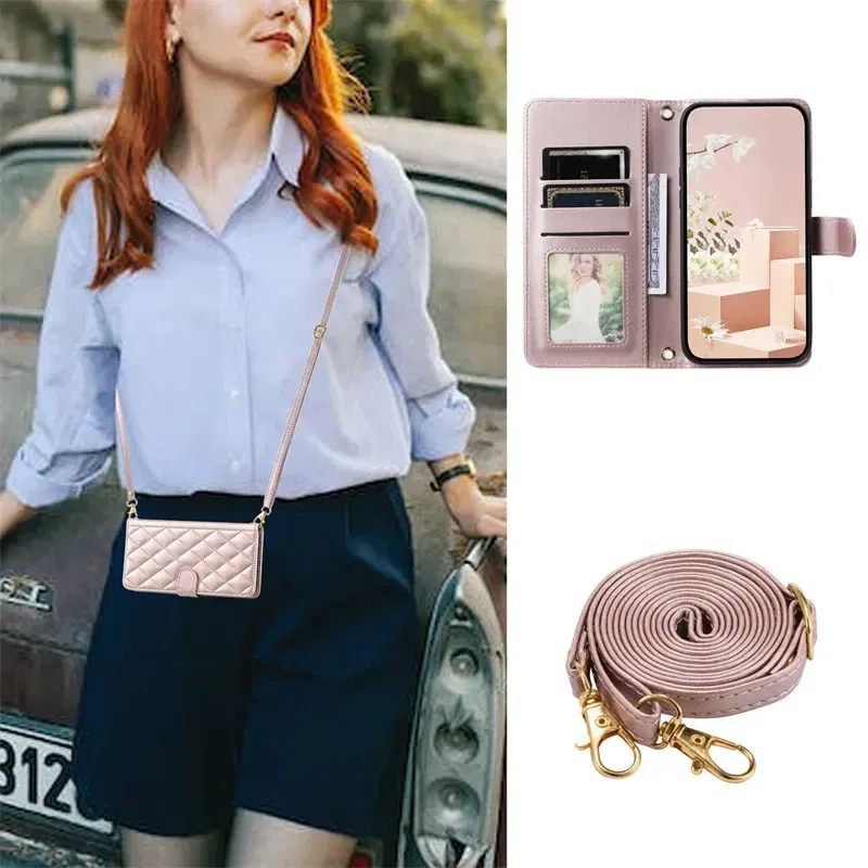 Material: PP, Color: Pink - Long lanyard Flip Leather Case for Samsung Galaxy Note 20 Ultra 10 9 8 Plus A10 A20E A30 A50 A70 A51 A71 A21S Wallet Card Cover