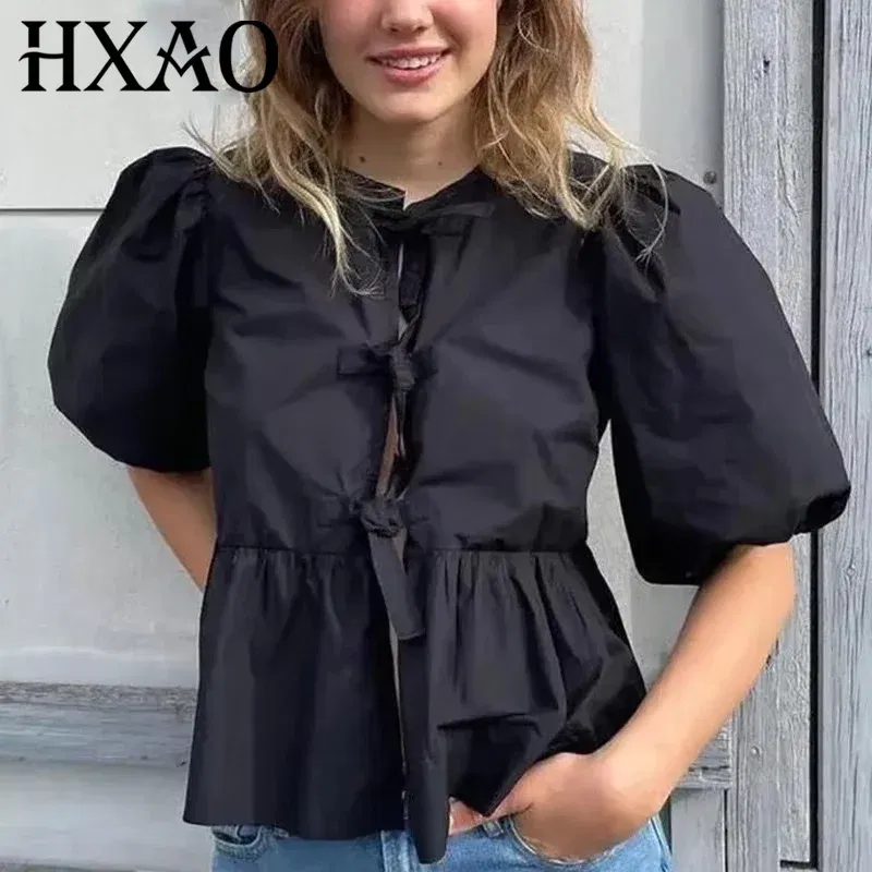 Color: black, Size: XS - HXAO Woman 2024 Blouse Puff Sleeve Cropped White Blouse For Women Pleated Cut Out Black Blouse With Tied Leopard Print Top