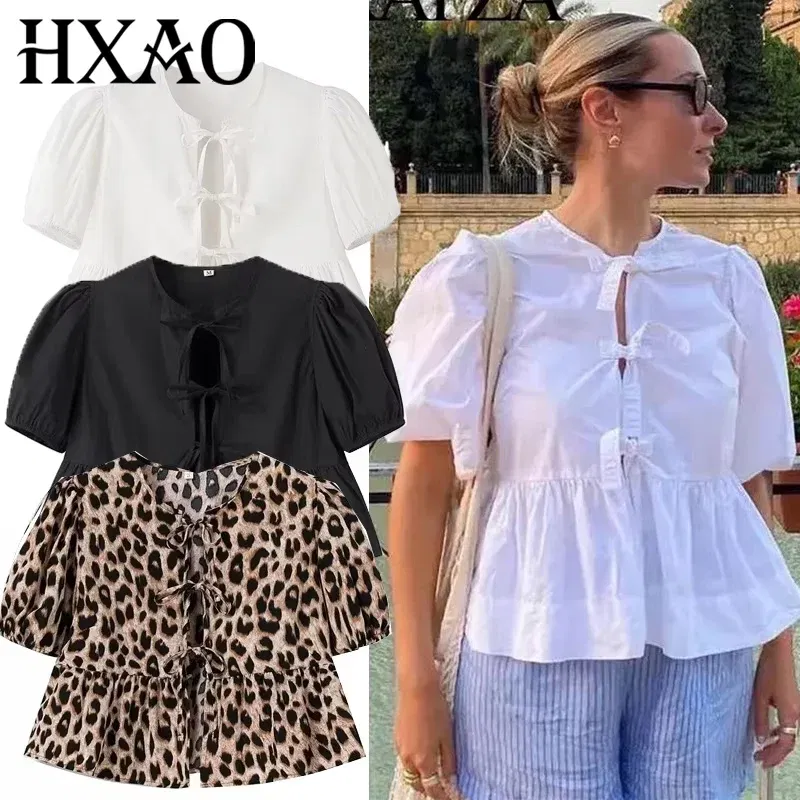 Color: black, Size: XS - HXAO Woman 2024 Blouse Puff Sleeve Cropped White Blouse For Women Pleated Cut Out Black Blouse With Tied Leopard Print Top