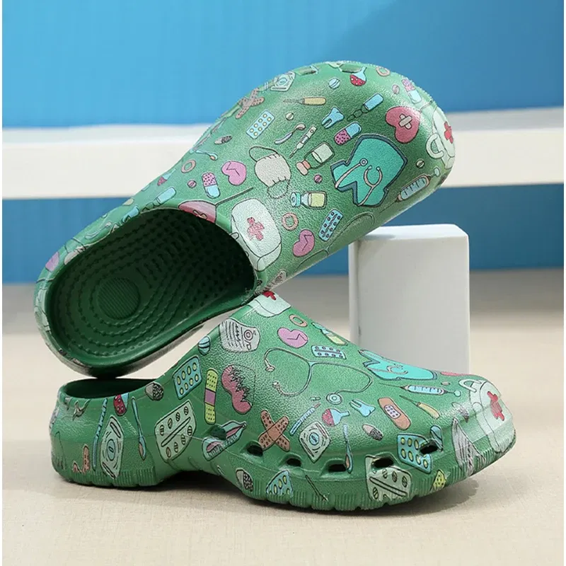 Color: Grass-Green, Shoe Size: 37-38 - Medical print Nurse Clogs EVA Surgical Slippers Lightweight Non-slip Doctor Scrub Clogs Dental Pet Clinic Nursing Clogs Y07-1