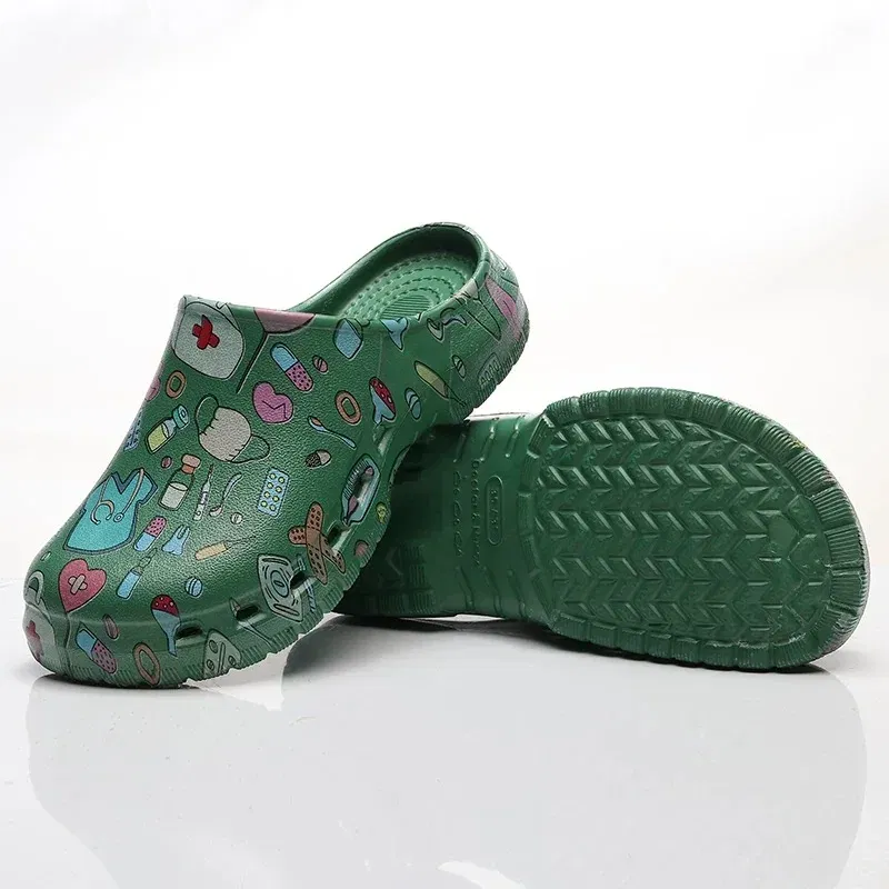 Color: Grass-Green, Shoe Size: 37-38 - Medical print Nurse Clogs EVA Surgical Slippers Lightweight Non-slip Doctor Scrub Clogs Dental Pet Clinic Nursing Clogs Y07-1