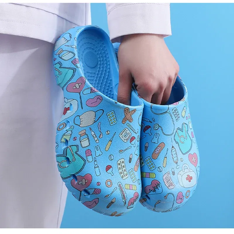 Color: Grass-Green, Shoe Size: 37-38 - Medical print Nurse Clogs EVA Surgical Slippers Lightweight Non-slip Doctor Scrub Clogs Dental Pet Clinic Nursing Clogs Y07-1
