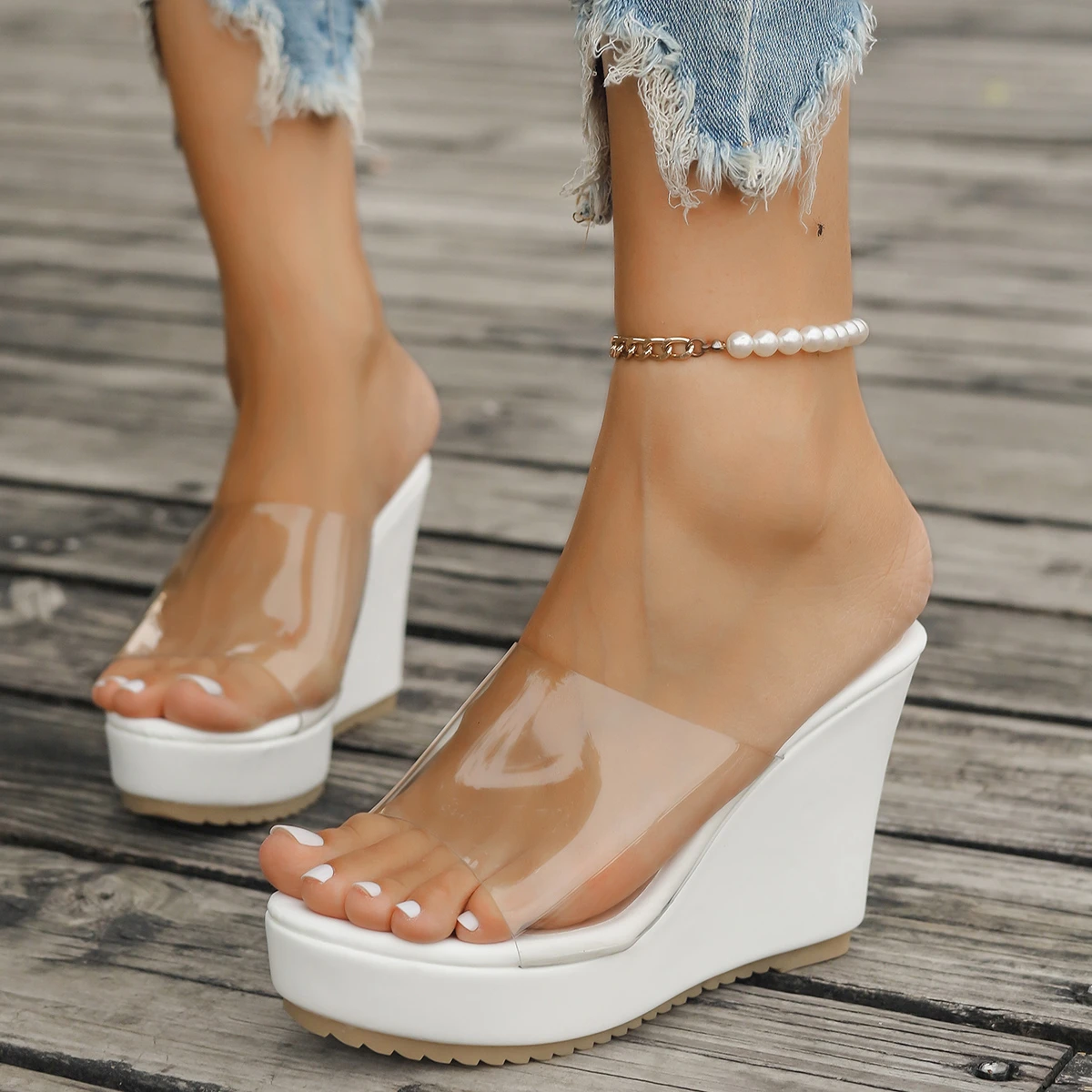 Color: black, Shoe Size: 43 - 2024 Women Sandals New Casual Heels Woman Transparent Platform Wedges Non-slip Shoes Ladies Summer High Heel Large Size 35~43