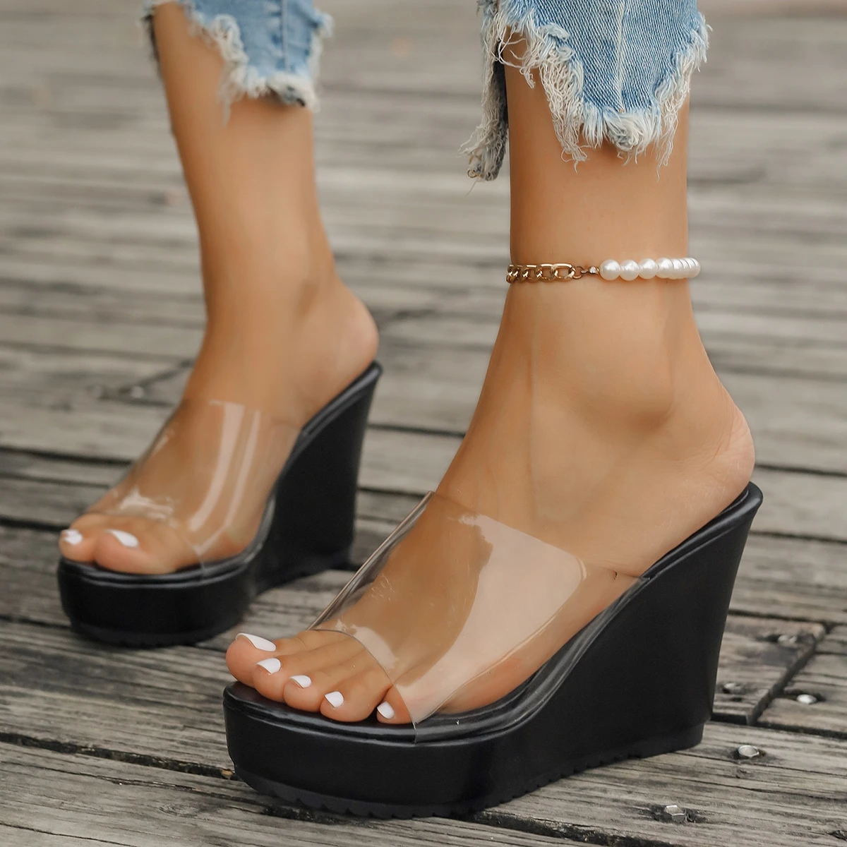 Color: black, Shoe Size: 43 - 2024 Women Sandals New Casual Heels Woman Transparent Platform Wedges Non-slip Shoes Ladies Summer High Heel Large Size 35~43