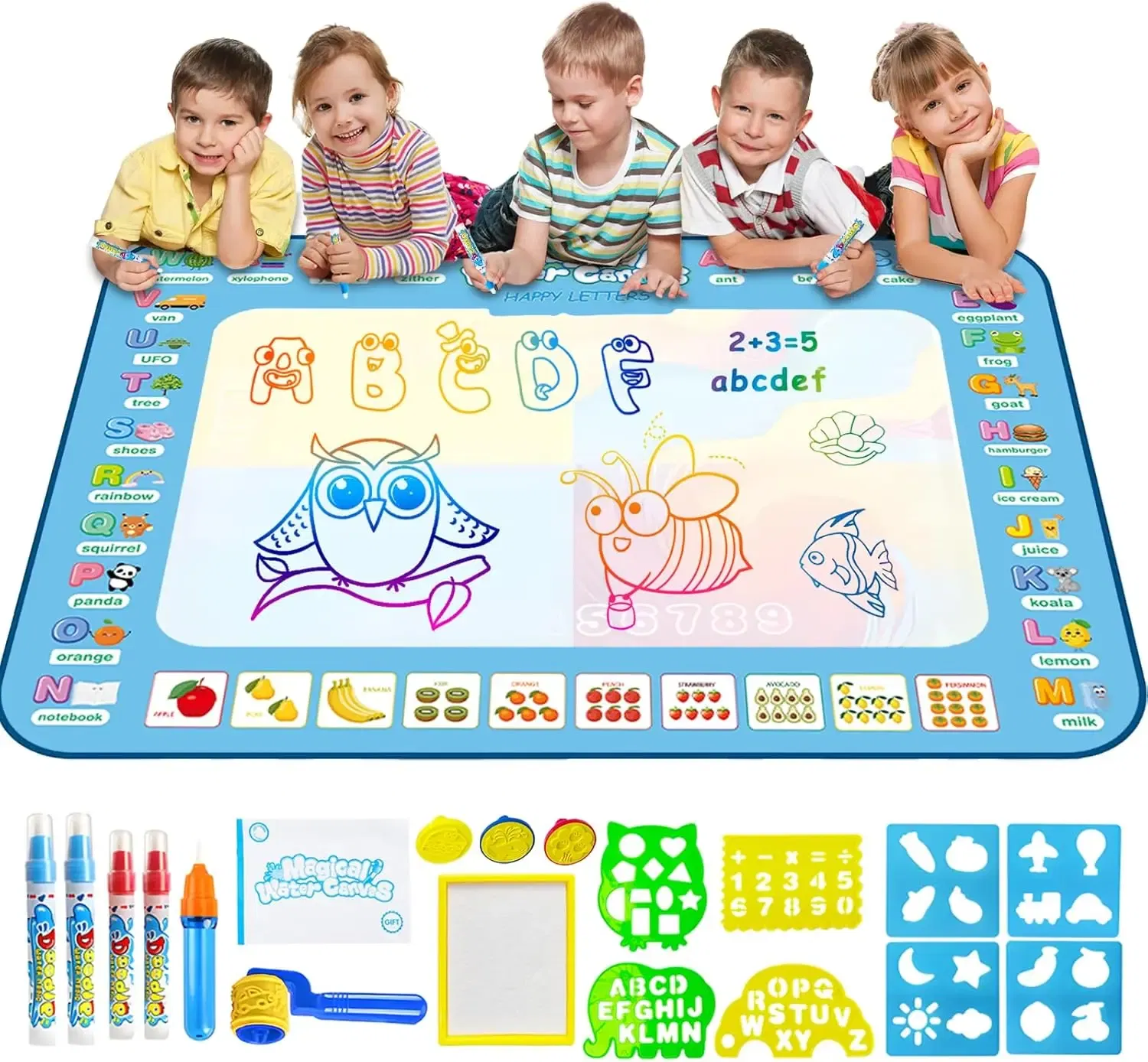 Color: Yellow - Magic Water Drawing Mat Coloring Doodle Mat with Reusable Magic Pens Montessori Toys Painting Board Educational Toys for Kids