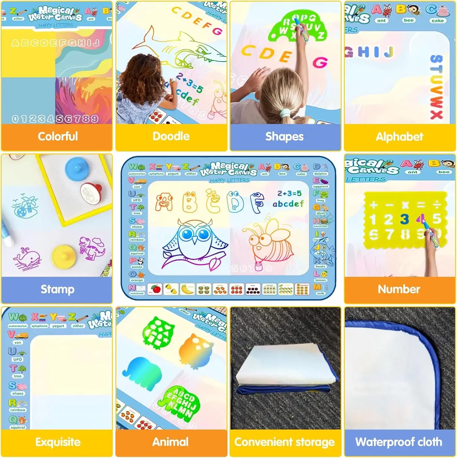 Color: Yellow - Magic Water Drawing Mat Coloring Doodle Mat with Reusable Magic Pens Montessori Toys Painting Board Educational Toys for Kids