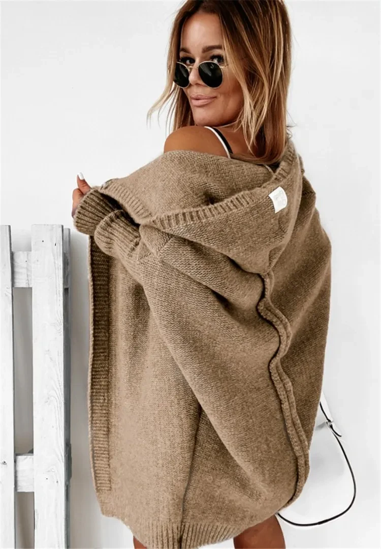 Fashion Bat Sleeve Hooded Cardigan Oversized Loose Temperament Solid Color Sweater Womens Clothing