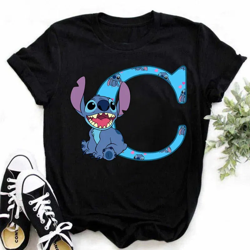 Color: green, Size: S - Disney Lilo&Stitch A-Z Alphabet Summer Women's Printed T-Shirt Women's Casual Tops T-Shirt Fashion Cartoon Plus Size T-Shirt