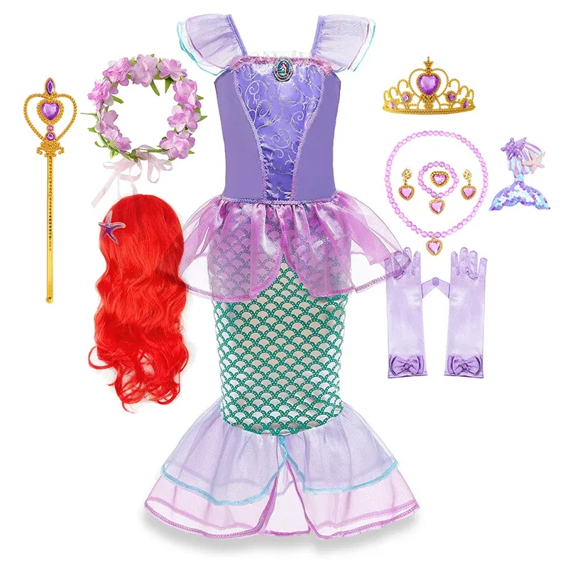 Color: green, Kid Size: 5 - Disney Little Mermaid Ariel Costumes for Girls Princess Dress Cosplay Halloween Carnival Kids Birthday Party Dress Up Clothing