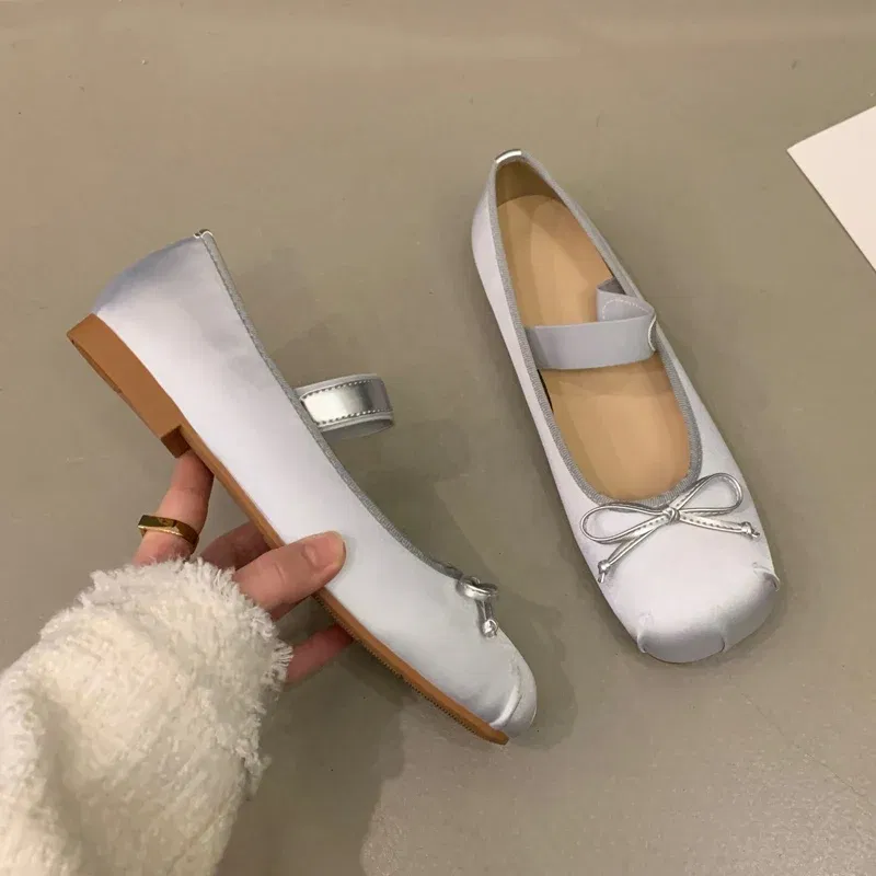 Color: black, Shoe Size: 36 - 2023Luxury Satin Silk Ballet Shoes Woman Classic Square Toe Bowtie Elastic Band Ballerina Flats Ladies Soft Loafers
