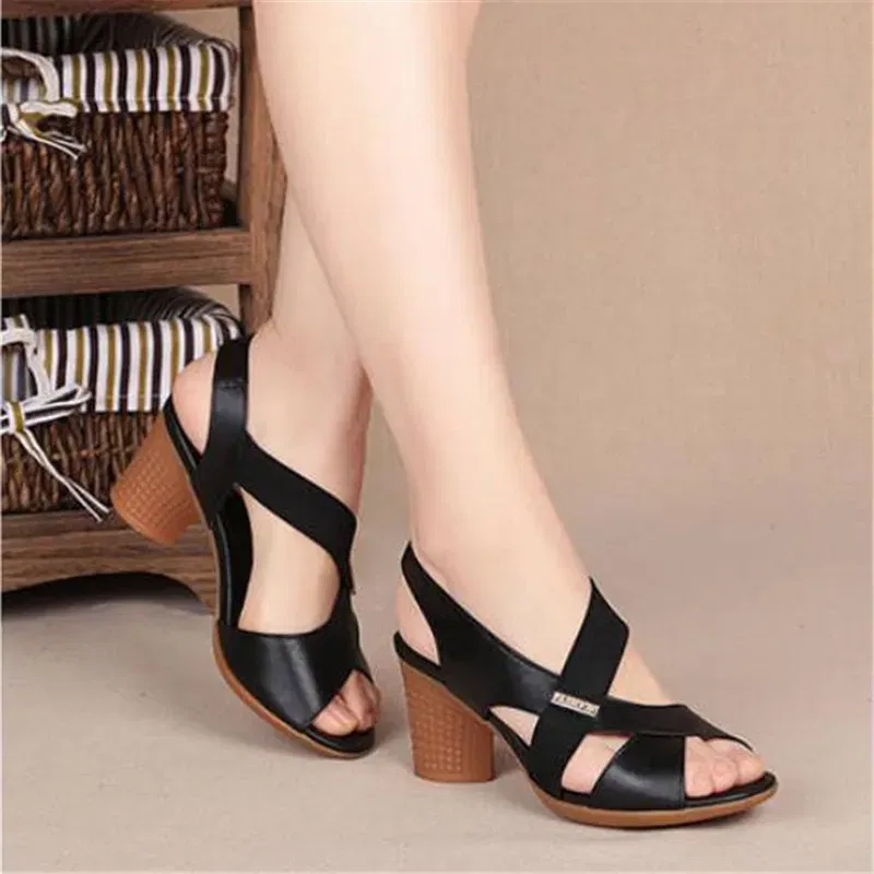 Color: black, Shoe Size: 35 - New Mid-heel Sandals Women Summer Shoes Comfortable High Heels Thick Heel Peep Toe Non-slip Soft Bottom Mother Shoes Slip-On