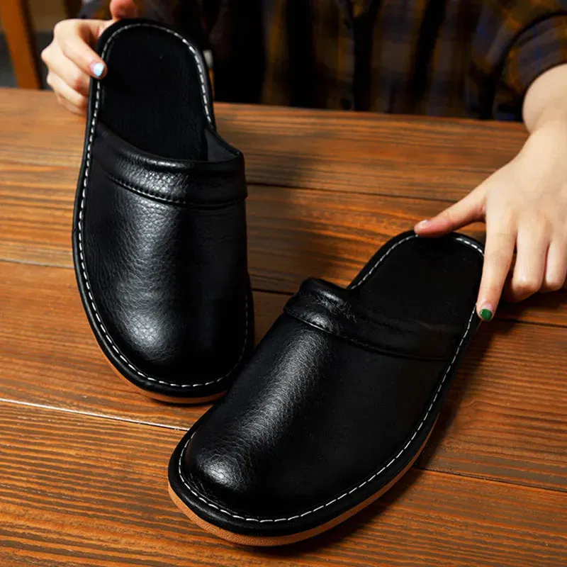 Color: Beige, Shoe Size: 7 - Mens Bedroom Leather Slippers Unisex Black Home Shoes Big Size 47 48 Man's Slippers Indoor Comfy Males Slides Family Flats Shoes
